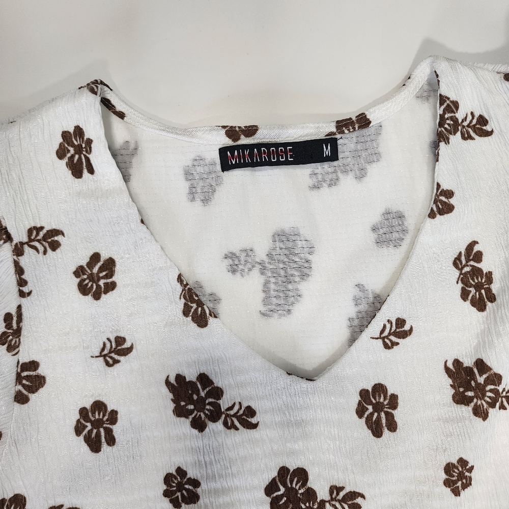 Mikarose Dress Floral Size M White/Brown Spring Tiered Cloud Dress Pockets Lace - Picture 7 of 12